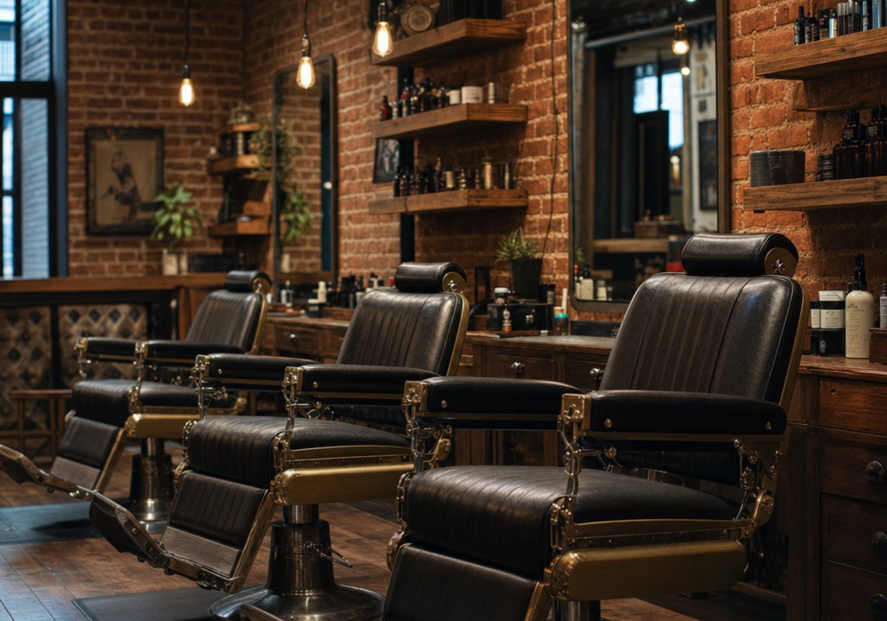 Kursi barbershop kulit dengan dinding bata dan cahaya hangat, suasana yang dibentuk oleh musik