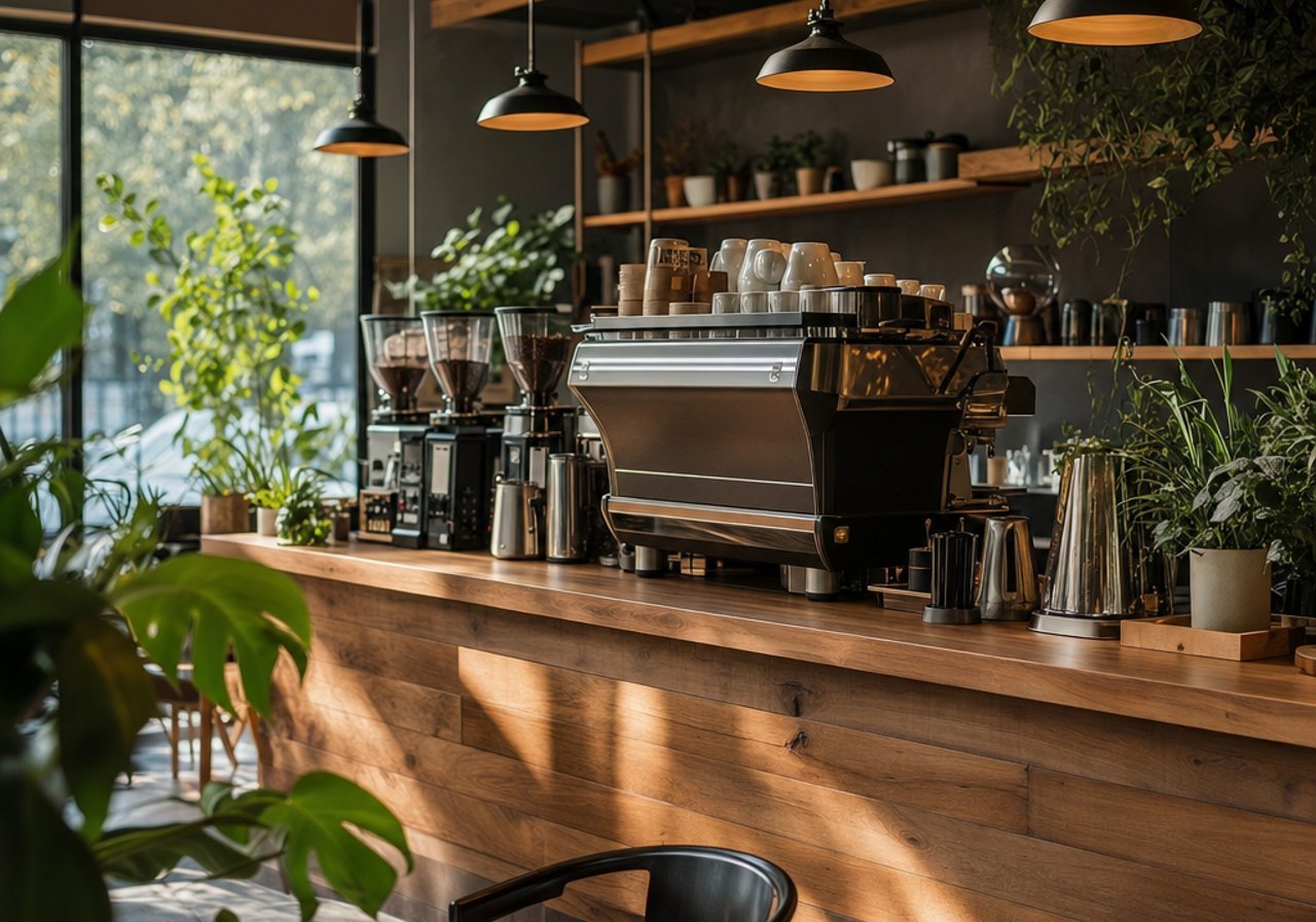 Meja bar coffee shop dengan mesin espresso dan grinder dalam cahaya pagi, suasana yang dibentuk oleh musik latar