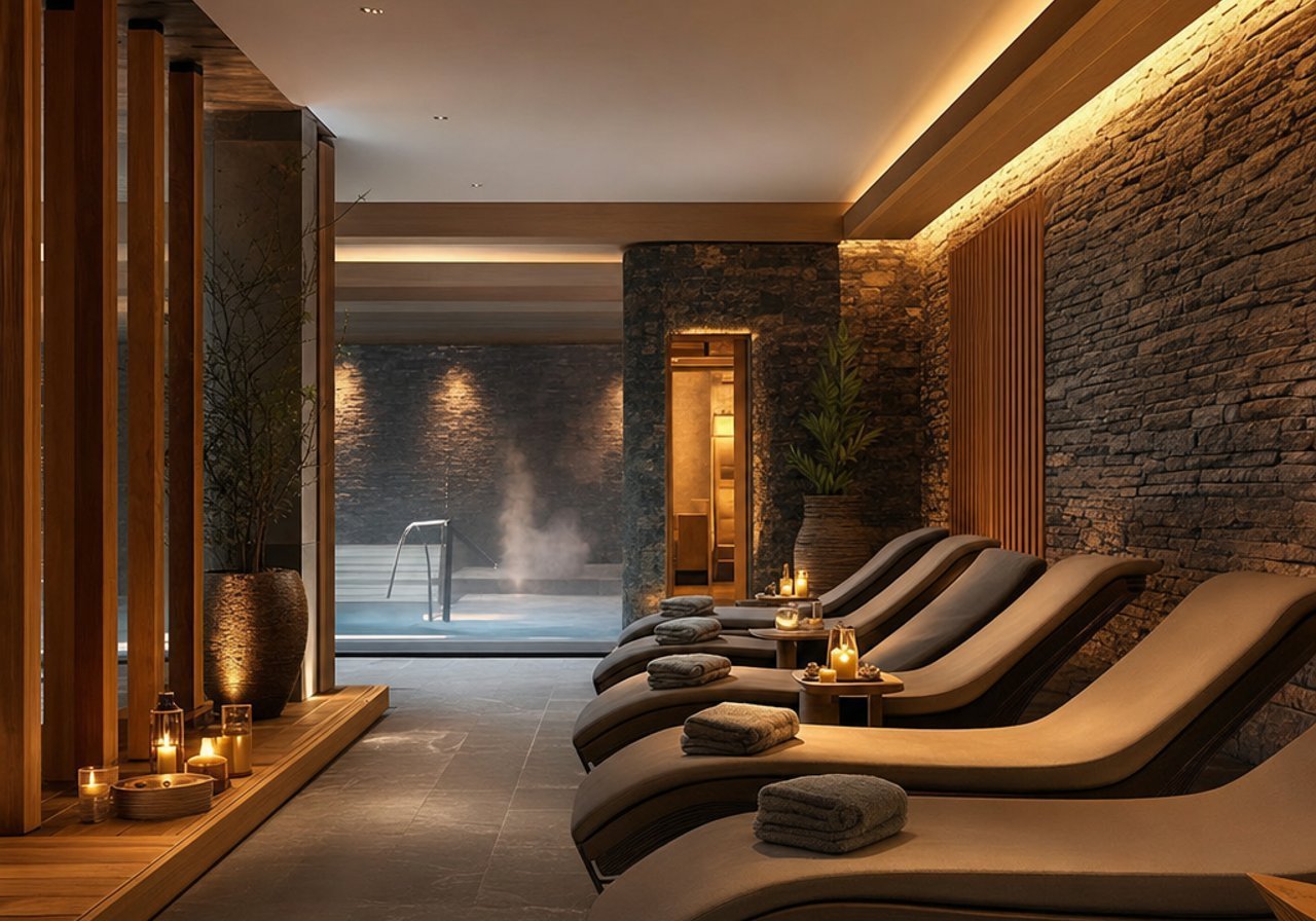 Area relaksasi spa dengan kursi berbaring, handuk, lilin, dan kolam beruap di latar belakang, suasana yang dibentuk oleh musik latar