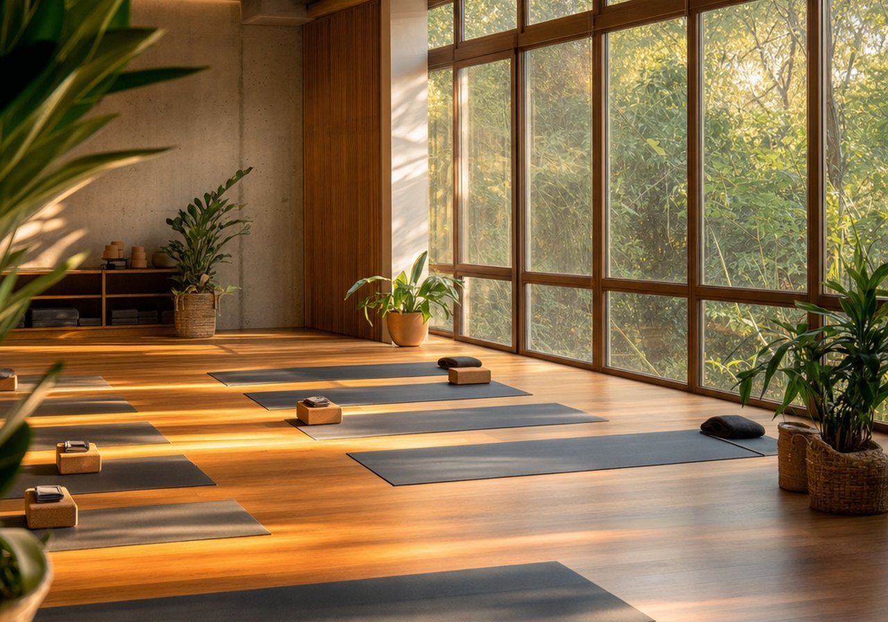 Studio yoga dengan matras dan cahaya lembut, suasana yang dibentuk oleh musik latar